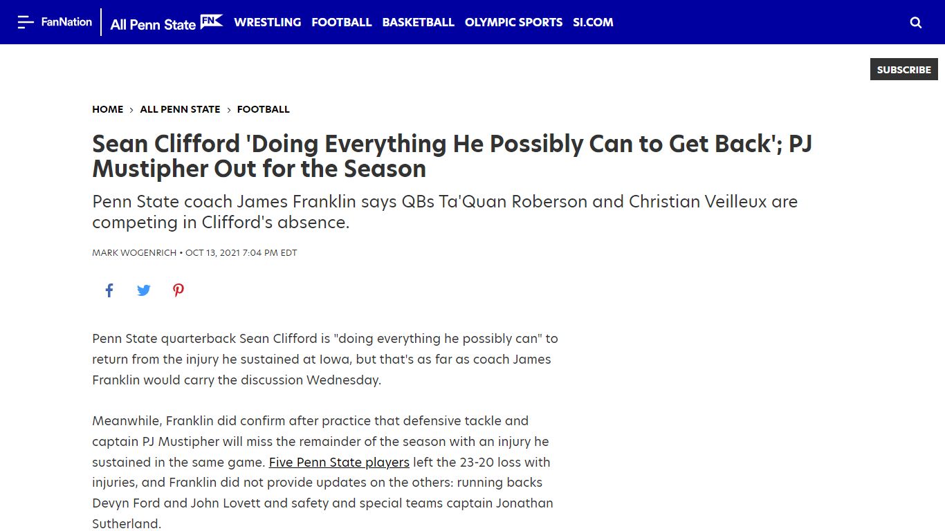 What is Penn State Quarterback Sean Clifford's Injury, and Is PJ ...